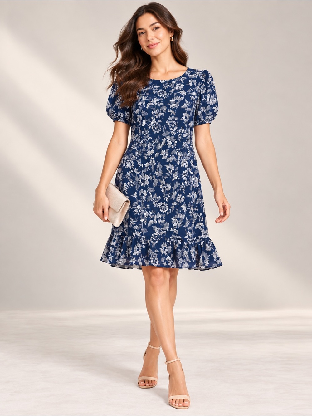 Navy Blue Floral Ruffle-Hem Short Sleeve Dress